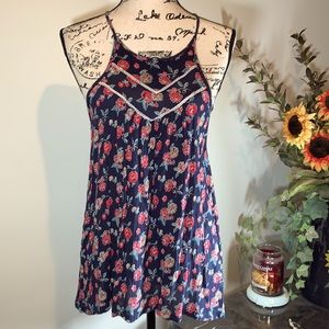 Hollister Baby Doll T-Back Gauzy Top Red Floral on Dark Blue